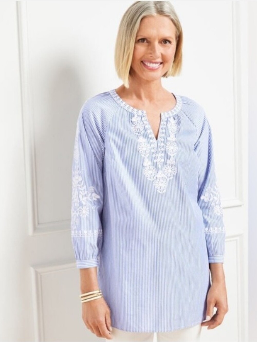 Talbots Embroidered Striped 100% Cotton Tunic Top L